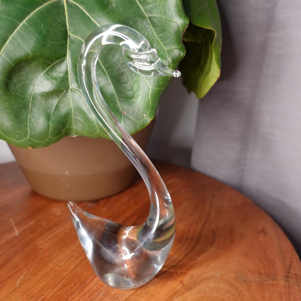 Vintage 1970s clear glass swan long neck paperweight